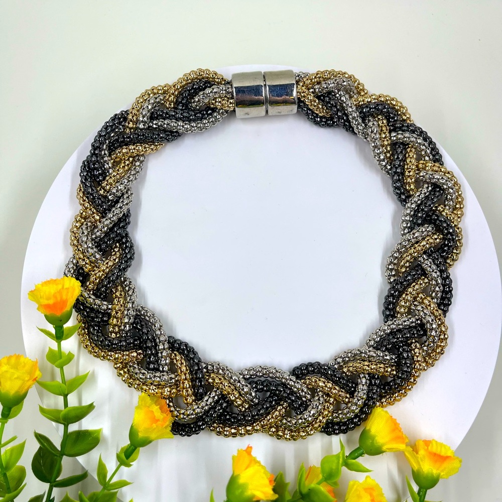 Black, Gold and Silver Chunky Braided Popcorn Chain Vintage Necklace